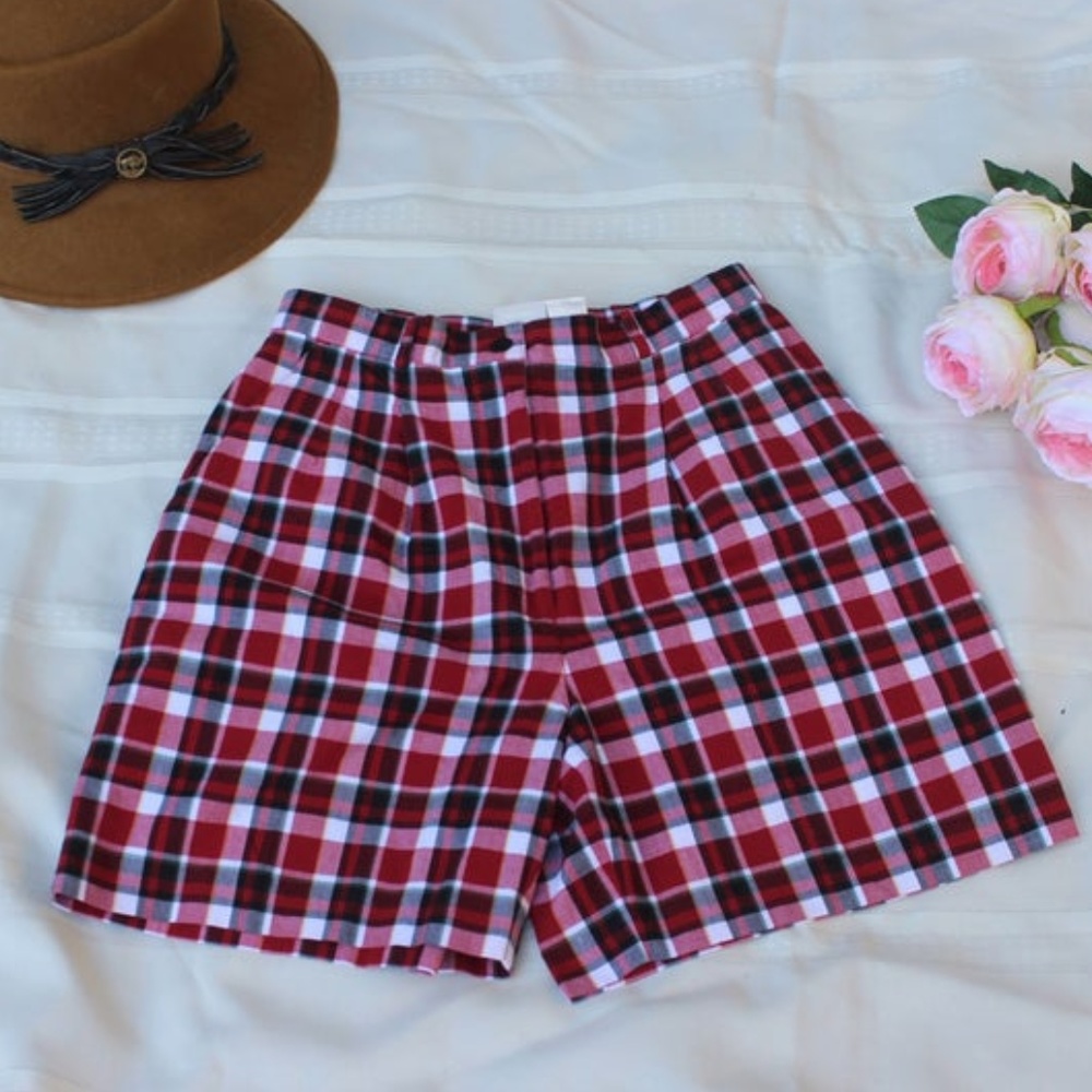 VINTAGE Red Plaid Shorts 28" Waist